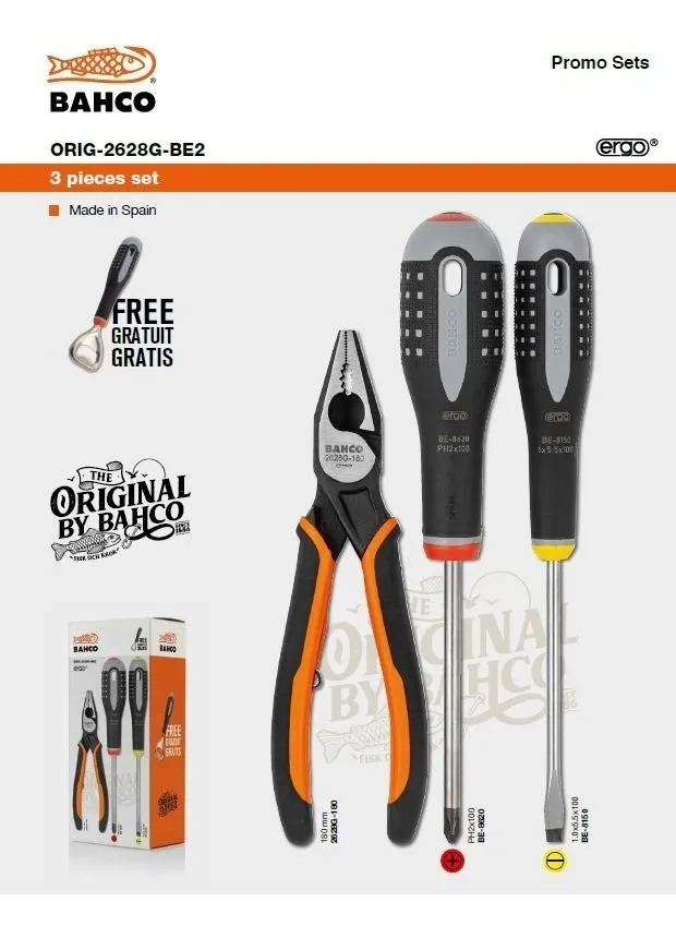 [ORIG2628GB2] SET DESTORNILLADORES PUNTA PHILLIPS Y RECTA + ALICATE - BAHCO ORIG2628GB2
